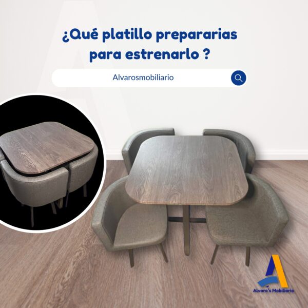 Mesa de Comedor con Sillas Tapizadas en Gris